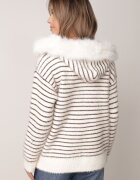 j&x Cardigan cu lână bumbac și glugă cu blăniță în dungi Jossalind Alb cu maro