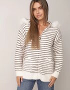 j&x Cardigan cu lână bumbac și glugă cu blăniță în dungi Jossalind Alb cu maro