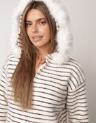 j&x Cardigan cu lână bumbac și glugă cu blăniță în dungi Jossalind Alb cu maro