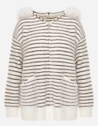 j&x Cardigan cu lână bumbac și glugă cu blăniță în dungi Jossalind Alb cu maro