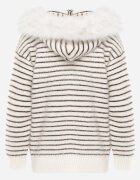 j&x Cardigan cu lână bumbac și glugă cu blăniță în dungi Jossalind Alb cu maro