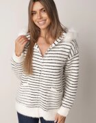 j&x Cardigan cu lână bumbac și glugă cu blăniță în dungi Jossalind Alb cu negru