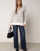 j&x Cardigan cu lână bumbac și glugă cu blăniță în dungi Jossalind Alb cu negru