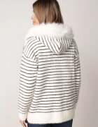 j&x Cardigan cu lână bumbac și glugă cu blăniță în dungi Jossalind Alb cu negru