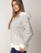 j&x Cardigan cu lână bumbac și glugă cu blăniță în dungi Jossalind Alb cu negru