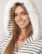 j&x Cardigan cu lână bumbac și glugă cu blăniță în dungi Jossalind Alb cu negru