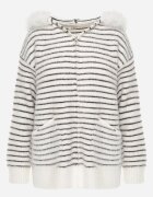 j&x Cardigan cu lână bumbac și glugă cu blăniță în dungi Jossalind Alb cu negru