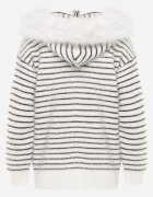 j&x Cardigan cu lână bumbac și glugă cu blăniță în dungi Jossalind Alb cu negru