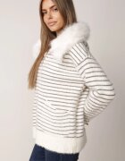 j&x Cardigan cu lână bumbac și glugă cu blăniță în dungi Jossalind Gri cu alb