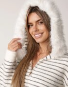 j&x Cardigan cu lână bumbac și glugă cu blăniță în dungi Jossalind Gri cu alb