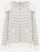 j&x Cardigan cu lână bumbac și glugă cu blăniță în dungi Jossalind Gri cu alb