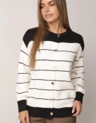 j&x Cardigan cu lână și bumbac cu nasturi în dungi Jord Negru cu crem