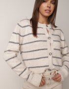 j&x Cardigan descheiat cu lână merinos și bumbac în dungi Kookti Bej deschis