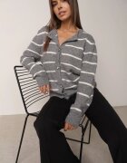 j&x Cardigan descheiat cu lână merinos și bumbac în dungi Kookti Gri
