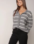 j&x Cardigan descheiat cu lână merinos și bumbac în dungi Kookti Gri