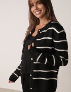 j&x Cardigan descheiat cu lână merinos și bumbac în dungi Kookti Negru