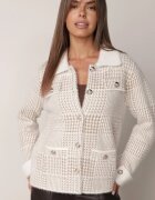 j&x Cardigan descheiat din lână cu model în carouri bouclé cu guler și manșete Azoria Bej deschis