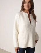 j&x Cardigan elegant cu fermoar din tricot pufos cu lână și bumbac bretele scurte Bej deschis