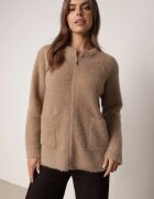 j&x Cardigan elegant cu fermoar din tricot pufos cu lână și bumbac bretele scurte Bej închis