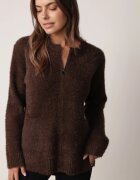 j&x Cardigan elegant cu fermoar din tricot pufos cu lână și bumbac bretele scurte Maro