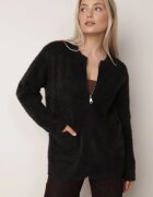 j&x Cardigan elegant cu fermoar din tricot pufos cu lână și bumbac bretele scurte Negru