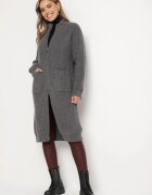 j&x Cardigan Gri închis din Lână cu Croială Dreaptă Lungă cu Guler Înalt cu Fermoar Boniala