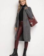 j&x Cardigan Gri închis din Lână cu Croială Dreaptă Lungă cu Guler Înalt cu Fermoar Boniala