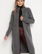 j&x Cardigan Gri închis din Lână cu Croială Dreaptă Lungă cu Guler Înalt cu Fermoar Boniala