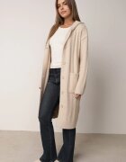 j&x Cardigan lung descheiat cu bumbac lână și glugă cu împletituri Jadani Bej