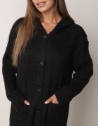 j&x Cardigan lung descheiat cu bumbac lână și glugă cu împletituri Jadani Negru