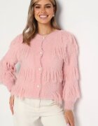 j&x Cardigan Roz Pufoș Clasic cu Lână și Ciucuri Încheiat cu nasturi Mavessa