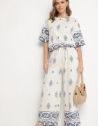 j&x Compleu Bej-Albastru de vâscoză în stil Boho cu Pantaloni largi și Bluză T-shirt Sarilorae
