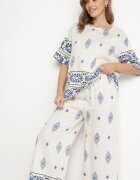 j&x Compleu Bej-Albastru de vâscoză în stil Boho cu Pantaloni largi și Bluză T-shirt Sarilorae