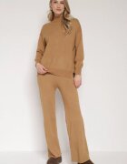 j&x Compleu Bej Clasic Tricotat cu Vâscoză Pantaloni Largi și Pulover pe Gât Reillena