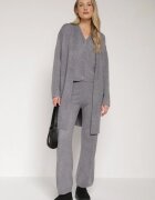 j&x Compleu Gri din Tricot cu Lână Pantaloni Cardigan și Vestă cu Nasturi Meviseffa