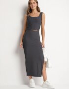 j&x Compleu Gri din Tricot Reiat Top cu Bretele Late și Fustă cu Șliț Lateral Uola