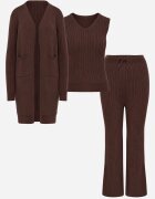 j&x Compleu Maro Tricotat cu Bumbac Pantaloni Vestă și Cardigan Lung Meviravia