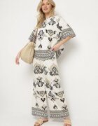j&x Compleu Negru-Bej din Viscoză cu Model Etnic Pantaloni Largi și Bluză T-shirt Polliviane