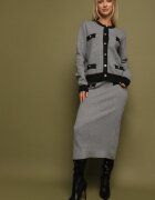 j&x Compleu Negru-Gri Tricotat din Bumbac Cardigan și Fustă Amantta