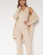 j&x Compleu tricotat bej deschis din bumbac pantaloni vestă și cardigan lung Meviravia
