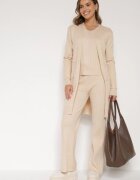 j&x Compleu tricotat bej deschis din bumbac pantaloni vestă și cardigan lung Meviravia
