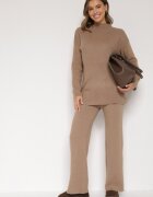 j&x Compleu Tricotat Bej închis din Bumbac și Lână Pulover Lung și Pantaloni Largi Reinesa