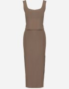 j&x Compleu Verde din Tricot Reiat Top cu Bretele Late și Fustă cu Șliț pe Lateral Uola