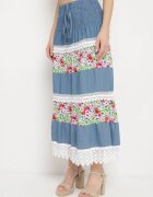 j&x Fustă Alb-Albastră Cloș Din bumbac Cu elastic în talie Decorată cu dantelă Tesaopi