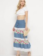 j&x Fustă Alb-Albastră Cloș Din bumbac Cu elastic în talie Decorată cu dantelă Tesaopi