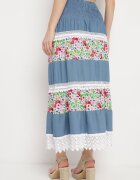 j&x Fustă Alb-Albastră Cloș Din bumbac Cu elastic în talie Decorată cu dantelă Tesaopi