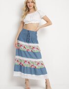 j&x Fustă Alb-Albastră Cloș Din bumbac Cu elastic în talie Decorată cu dantelă Tesaopi