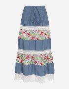 j&x Fustă Alb-Albastră Cloș Din bumbac Cu elastic în talie Decorată cu dantelă Tesaopi
