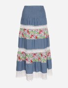 j&x Fustă Alb-Albastră Cloș Din bumbac Cu elastic în talie Decorată cu dantelă Tesaopi