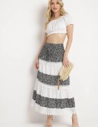 j&x Fustă Negru-Albă cu Flori Mici Croială Cloș Liofara